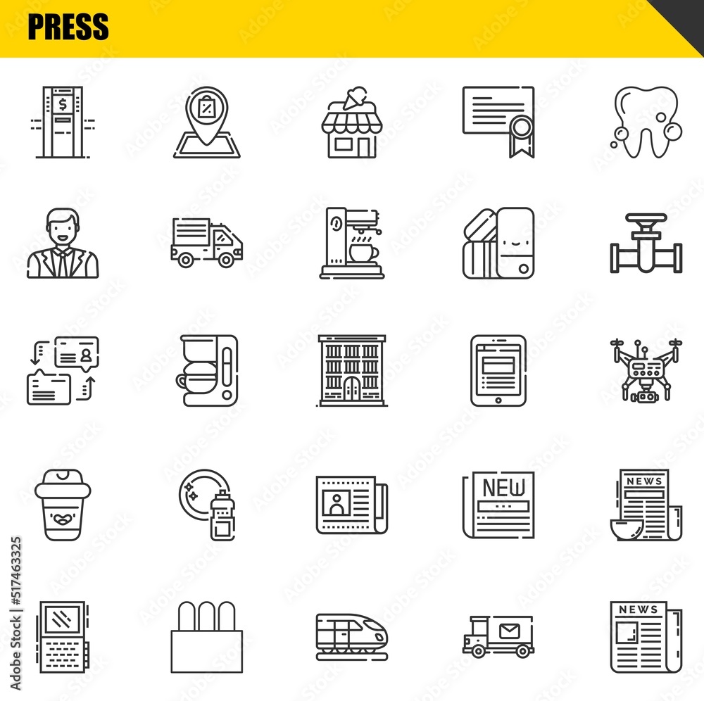 press vector line icons set. atm, voice recorder and dialogue Icons. Thin line design. Modern outline graphic elements, simple stroke symbols stock illustration