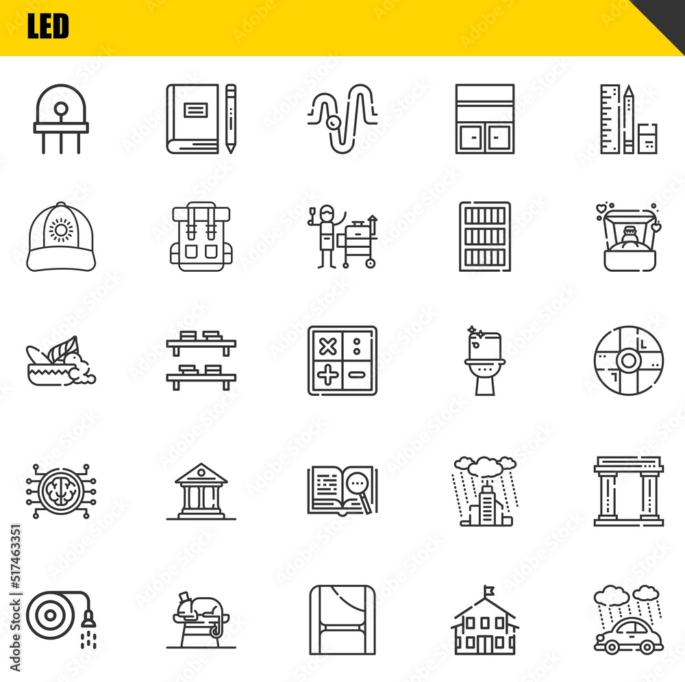 led vector line icons set. diode, hose and mortar Icons. Thin line design. Modern outline graphic elements, simple stroke symbols stock illustration led vector line icons set. diode, hose and mortar Icons. Thin line design. Modern outline graphic elements, simple stroke symbols stock illustration