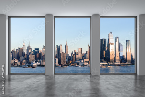 Midtown New York City Manhattan Skyline Buildings from High Rise Window. Beautiful Expensive Real Estate. Empty room Interior Skyscrapers View Cityscape. Day time. Hudson Yards West Side. 3d rendering