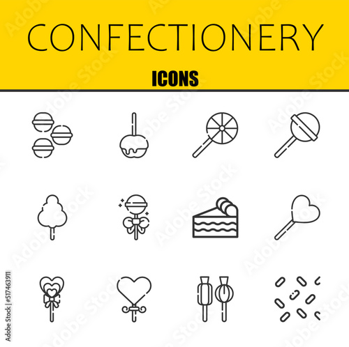 confectionery vector line icons set. macarons, caramelized apple and lollipop Icons. Thin line design. Modern outline graphic elements, simple stroke symbols stock illustration