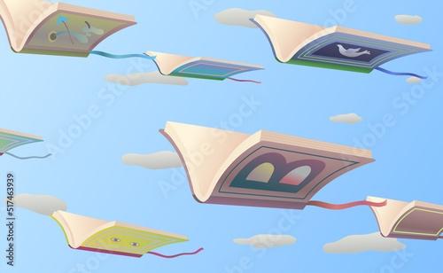 Books in the sky. Surreal vector illustration. concept idea art of education, imagination and dream. Conceptual artwork.