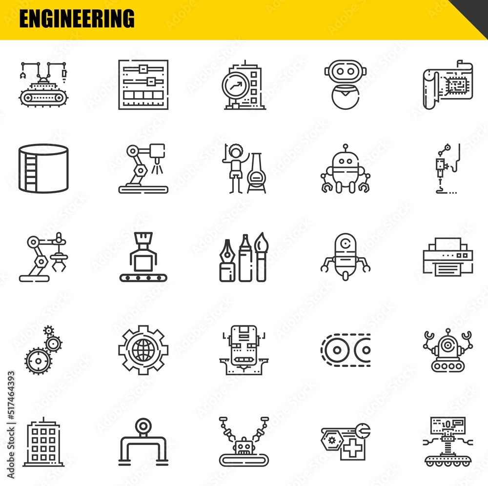 engineering vector line icons set. robot, building and industrial robot Icons. Thin line design. Modern outline graphic elements, simple stroke symbols stock illustration