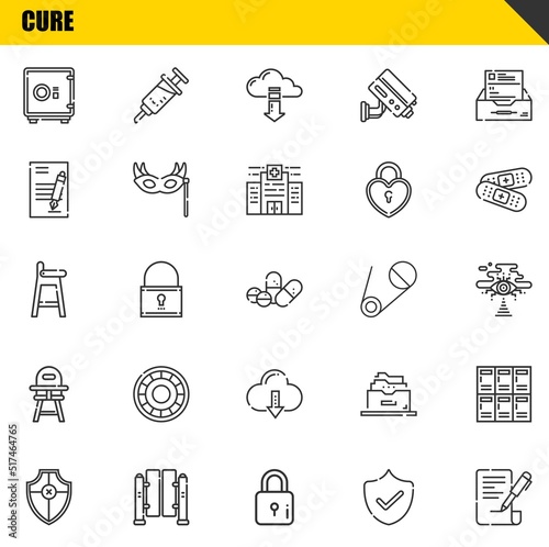 cure vector line icons set. safebox, shield and baby chair Icons. Thin line design. Modern outline graphic elements, simple stroke symbols stock illustration