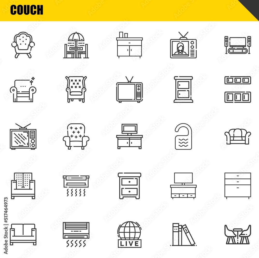 couch vector line icons set. armchair, sofa and television Icons. Thin line design. Modern outline graphic elements, simple stroke symbols stock illustration couch vector line icons set. armchair, sofa and television Icons. Thin line design. Modern outline graphic elements, simple stroke symbols stock illustration