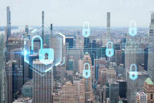 Aerial panoramic city view of Upper Manhattan and Central Park  New York city  USA. Iconic skyscrapers of NYC. The concept of cyber security to protect confidential information  padlock hologram