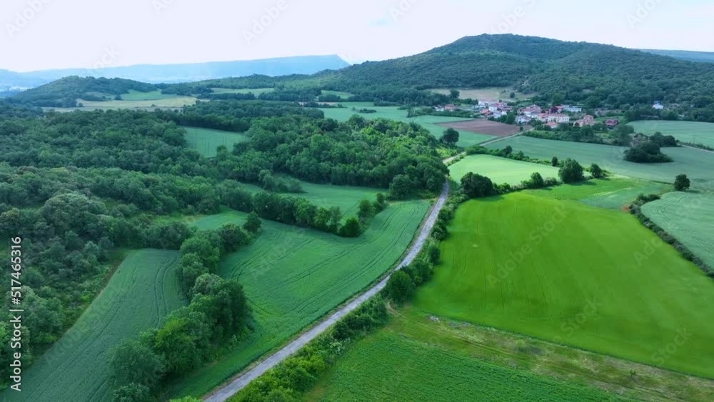 Aerial view from a drone of the countryside landscape. Crops and copses in the surroundings of the towns of Recuenco, Tabliega, Cubillos de Losa, Quintanilla Pienza. In the Merindad de Montija and the Aerial view from a drone of the countryside landscape. Crops and copses in the surroundings of the towns of Recuenco, Tabliega, Cubillos de Losa, Quintanilla Pienza. In the Merindad de Montija and the