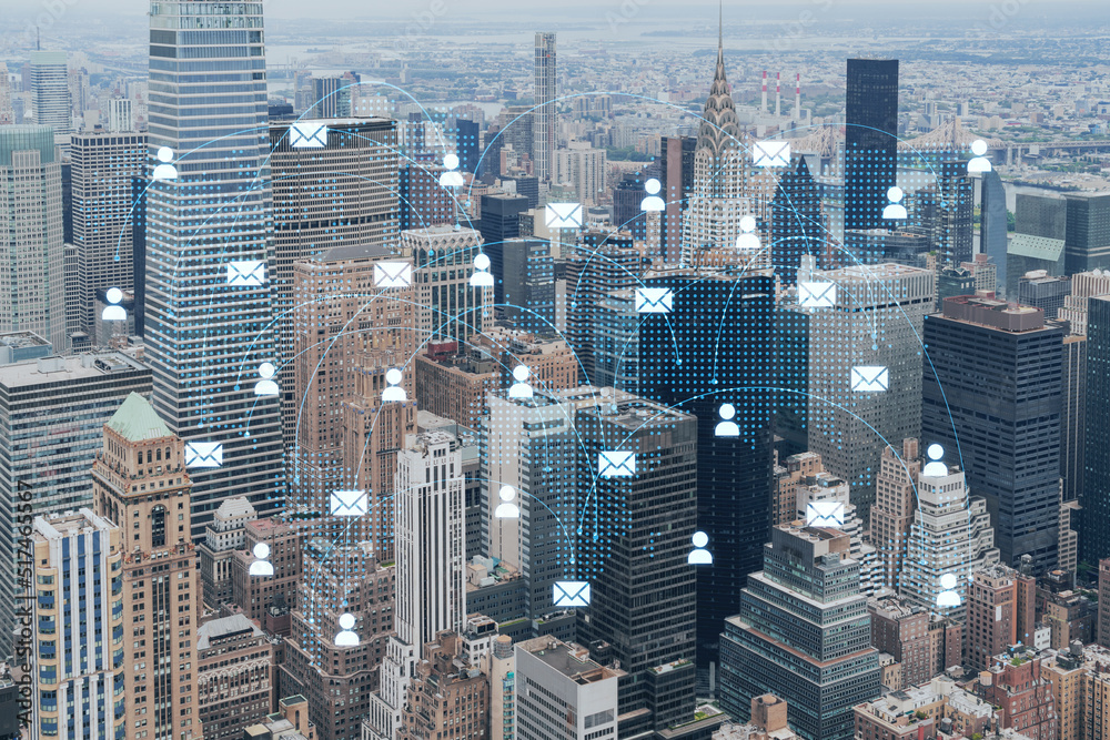 Obraz premium Aerial panoramic city view of Upper Manhattan, the East Side, river and Brooklyn on horizon, New York city, USA. Social media hologram. Concept of networking and establishing new people connections