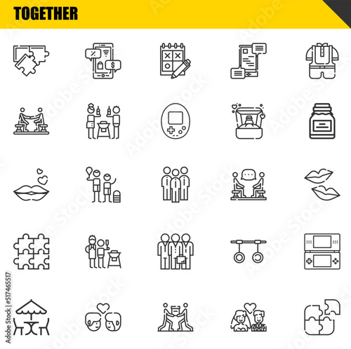 together vector line icons set. puzzle, picnic and kiss Icons. Thin line design. Modern outline graphic elements, simple stroke symbols stock illustration