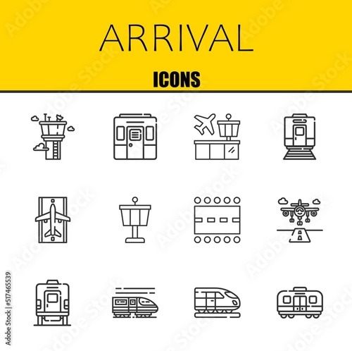 arrival vector line icons set. control tower, train and airport Icons. Thin line design. Modern outline graphic elements, simple stroke symbols stock illustration