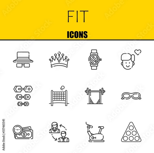 fit vector line icons set. sunglasses, crown and smartwatch Icons. Thin line design. Modern outline graphic elements, simple stroke symbols stock illustration