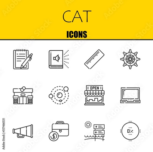 cat vector line icons set. notepad, audiobook and ruler Icons. Thin line design. Modern outline graphic elements, simple stroke symbols stock illustration