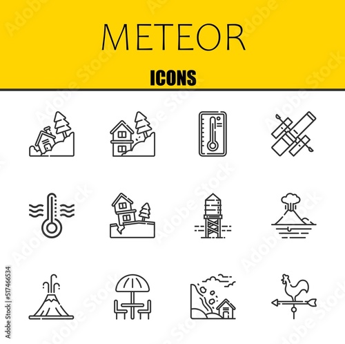 meteor vector line icons set. landslide, landslide and temperature Icons. Thin line design. Modern outline graphic elements, simple stroke symbols stock illustration