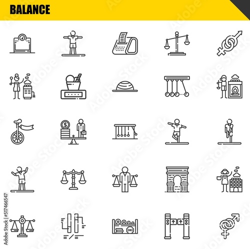 balance vector line icons set. scale, scale and unicycle Icons. Thin line design. Modern outline graphic elements, simple stroke symbols stock illustration