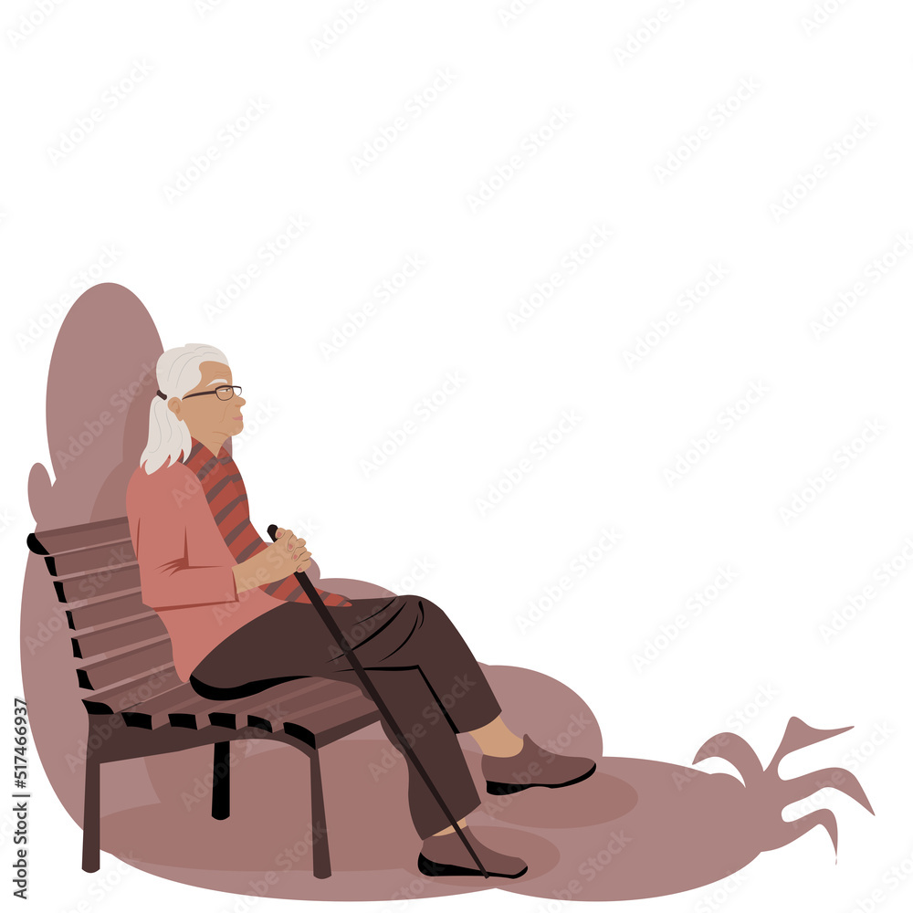 A old woman sitting alone on chair in park .Side view of one elder lady holding cane sitting on bench in the park on white background.Vector isolate flat insulation design concept For retirement