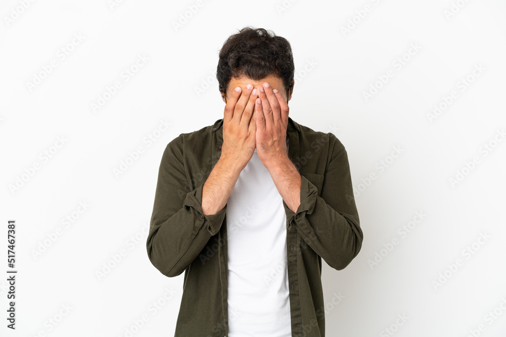 Caucasian handsome man over isolated white background with tired and sick expression Caucasian handsome man over isolated white background with tired and sick expression