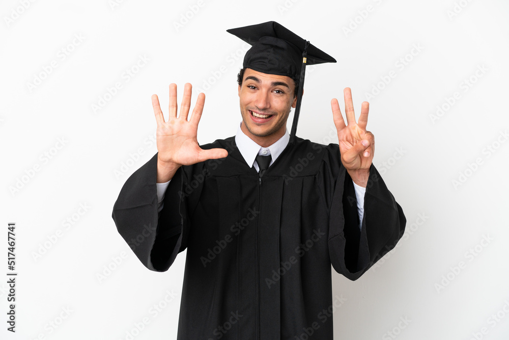 Young university graduate over isolated white background counting eight with fingers Young university graduate over isolated white background counting eight with fingers
