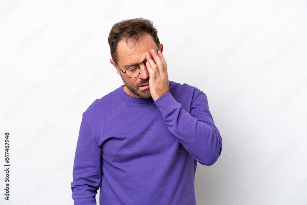 Middle age caucasian man isolated on white background with headache Middle age caucasian man isolated on white background with headache