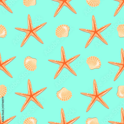 Vector Starfish and Seashells Seamless Pattern on Blue Background Flat design of Sea shells and sea stars on white background Summer Holiday Concept Sea Life Concept Repeatable Pattern Eps 10 Design