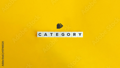 Category Banner. Word on Block Letter Tiles on orange Yellow Background. Minimal Aesthetics. photo