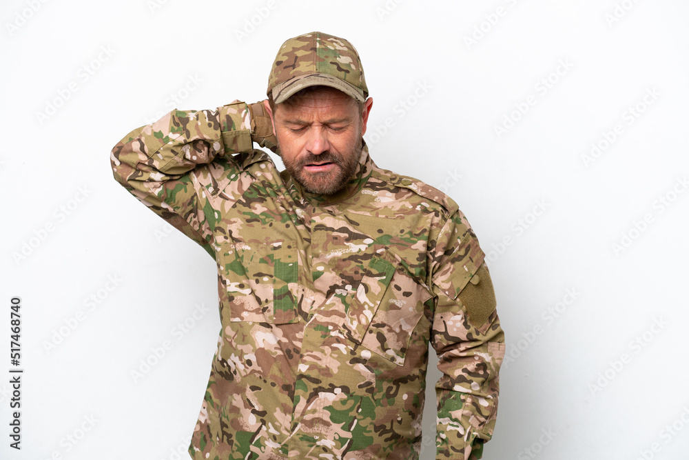 Military man isolated on white background with neckache Military man isolated on white background with neckache