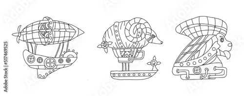 Fire signs Aries, Leo, Sagittarius. Zodiac signs in the form of airship icons in steampunk style. Zodiac set of astrological elements in steampunk style, hand-drawn in linear doodle style.