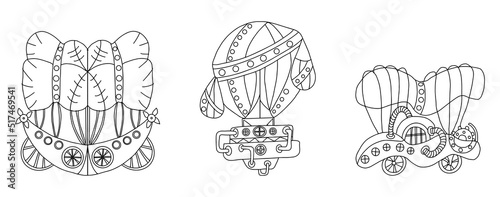Air signs Gemini, Libra, Aquarius. Zodiac signs in the form of airship icons in steampunk style. Zodiac set of astrological elements in steampunk style, hand-drawn in linear doodle style.