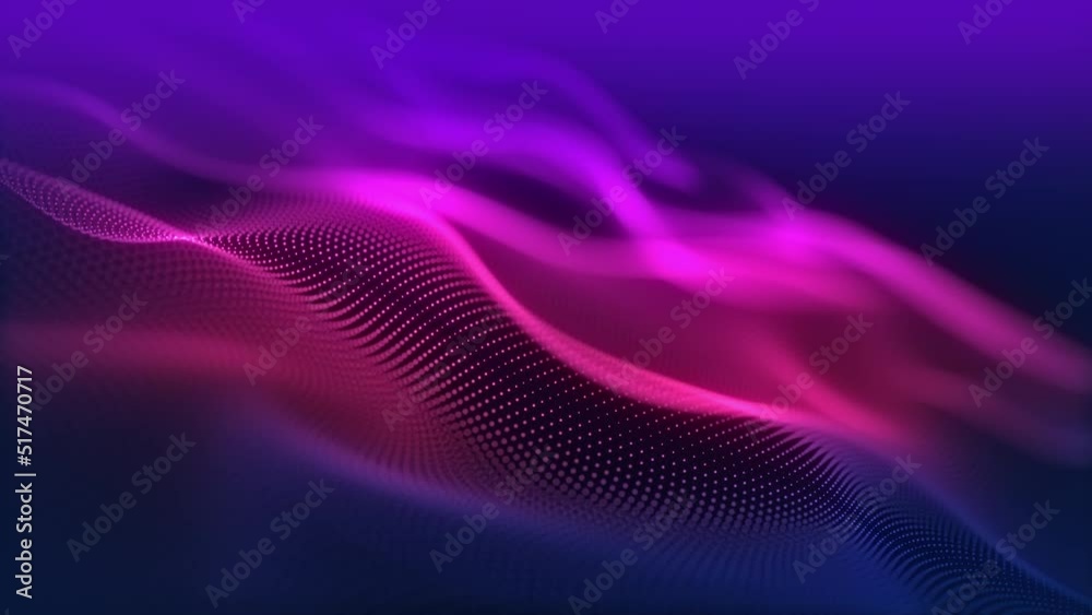 Particles wave Cyber or technology background. Abstract seamless loop of mesh glowing red dots digital luxurious sparkling wave particles flows background, Motion of digital data flow.