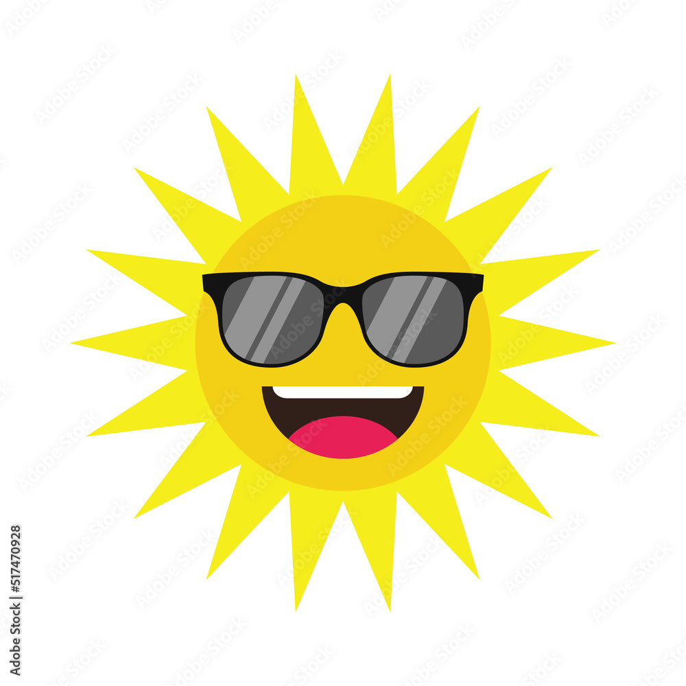 Sun smililing with sunglasses vector icon, character design yellow color isolated white background