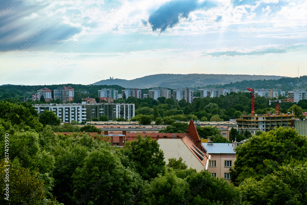 panorama of the city, church on the hill