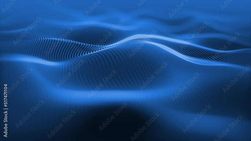 Particles blue wave Cyber technology background loop. Abstract seamless animation of mesh glowing dots digital luxurious wave particles flows background, Motion of digital data flow.