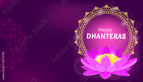 Happy Dhanteras Indian festival of lights Diwali concept. Vector illustration for poster or banner with golden coins and lotus.