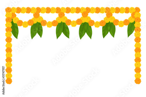Traditional Indian flower garland with marigold flowers and mango leaves. Decoration for Indian Hindu holidays. Vector illustration isolated on white background.