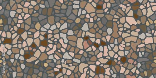Seamless floor pattern of bright round sea pebbles. Vector background. Decoration with tiles for paths, walls and paving. Kitchen, bathroom, garden design. Repeating texture
