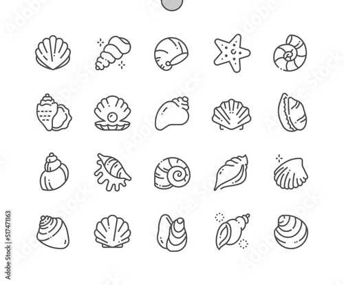 Seashell. Sea star, mollusk and pearl. Sea nature. Pixel Perfect Vector Thin Line Icons. Simple Minimal Pictogram