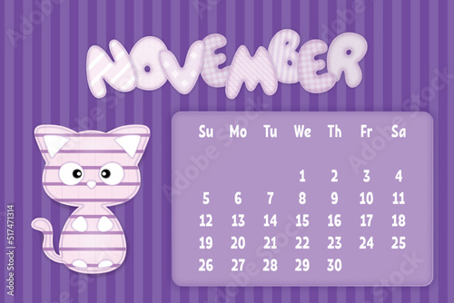November 2023 Page for kids calendar in funny textile style with cartoon kitty. Children's horizontal wall calendar template