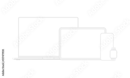 Clay Devices Mockups, Laptop, Phone, Tablet, Smart Watch, Isolated on White Background. Vector Illustration