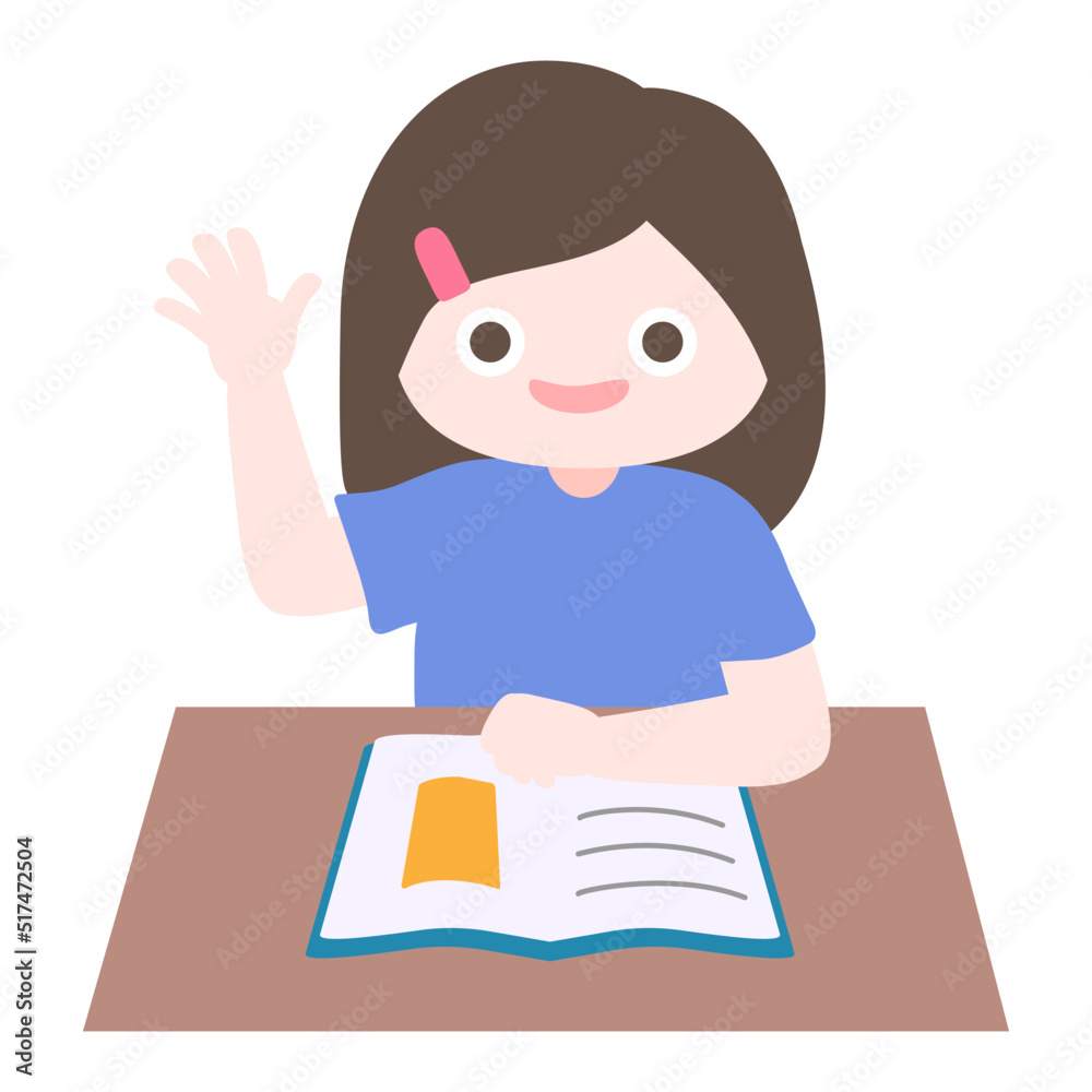 Cartoon cute little girl reading book and raising her hand for questions in classroom. Child back to school series. Isolated on white background, vector, illustration, EPS10 Cartoon cute little girl reading book and raising her hand for questions in classroom. Child back to school series. Isolated on white background, vector, illustration, EPS10