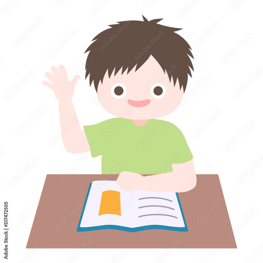 Cartoon cute little boy reading book and raising his hand for questions in classroom. Child back to school series. Isolated on white background, vector, illustration, EPS10 Cartoon cute little boy reading book and raising his hand for questions in classroom. Child back to school series. Isolated on white background, vector, illustration, EPS10