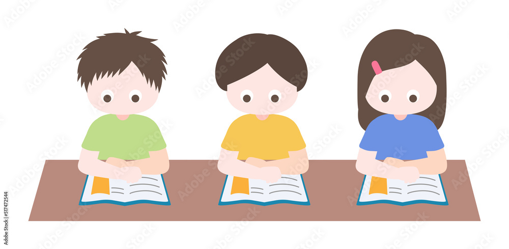 Cartoon cute little children set, focus on reading book in classroom. Child back to school series. Isolated on white background, vector, illustration, EPS10 Cartoon cute little children set, focus on reading book in classroom. Child back to school series. Isolated on white background, vector, illustration, EPS10
