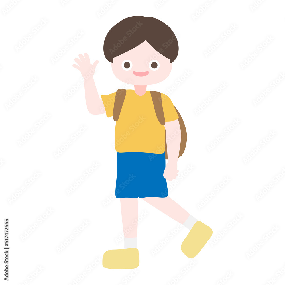 Cartoon cute little boy walking and wave his hand to his friends. Child back to school series. Isolated on white background, vector, illustration, EPS10
