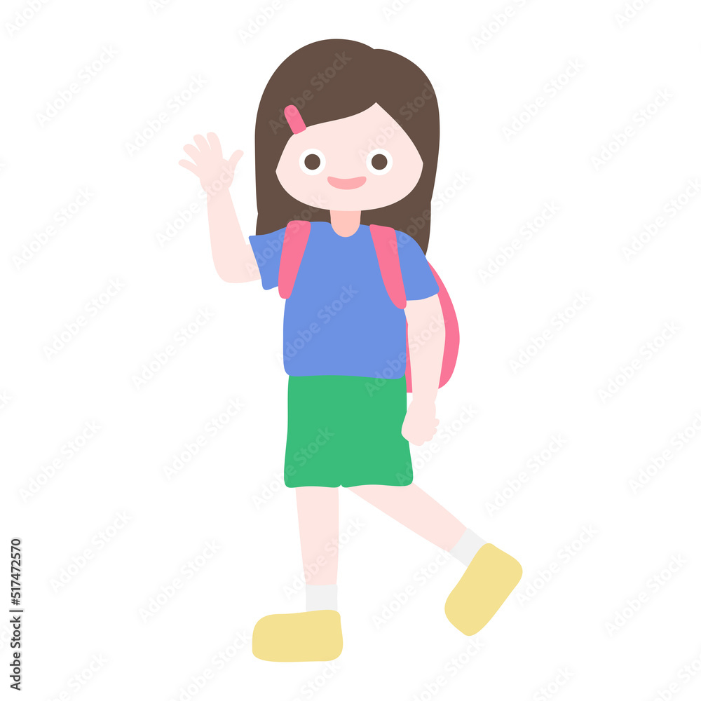 Cartoon cute little girl walking and wave her hand to her friends. Child back to school series. Isolated on white background, vector, illustration, EPS10 Cartoon cute little girl walking and wave her hand to her friends. Child back to school series. Isolated on white background, vector, illustration, EPS10