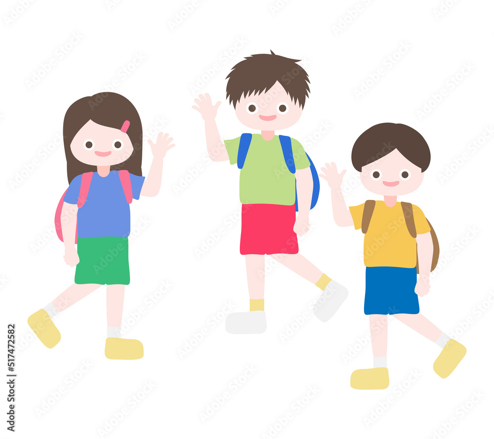 Cartoon cute little children set, walking and wave their hands to friends. Child back to school series. Isolated on white background, vector, illustration, EPS10 Cartoon cute little children set, walking and wave their hands to friends. Child back to school series. Isolated on white background, vector, illustration, EPS10