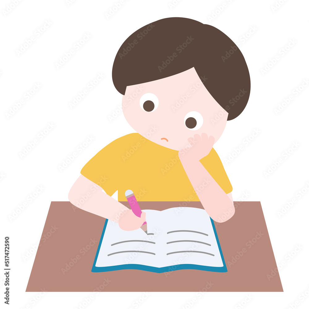 Cartoon cute little boy focus on reading book and writing notes in classroom. Child back to school series. Isolated on white background, vector, illustration, EPS10 Cartoon cute little boy focus on reading book and writing notes in classroom. Child back to school series. Isolated on white background, vector, illustration, EPS10