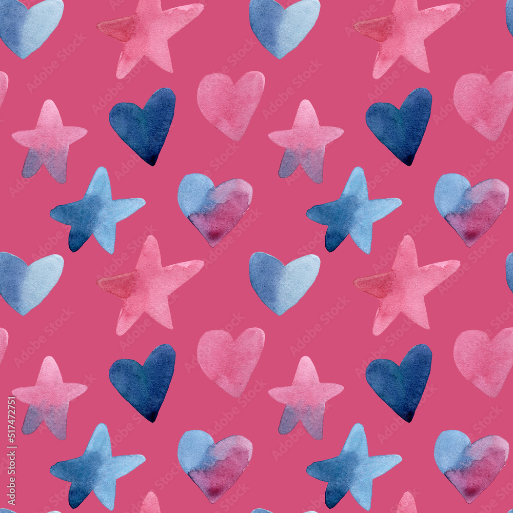 Seamless pattern of stars and hearts painted in watercolor in pink and blue tones on a Pink Flambé background. For fabric, sketchbook, wallpaper, wrapping paper. Seamless pattern of stars and hearts painted in watercolor in pink and blue tones on a Pink Flambé background. For fabric, sketchbook, wallpaper, wrapping paper.