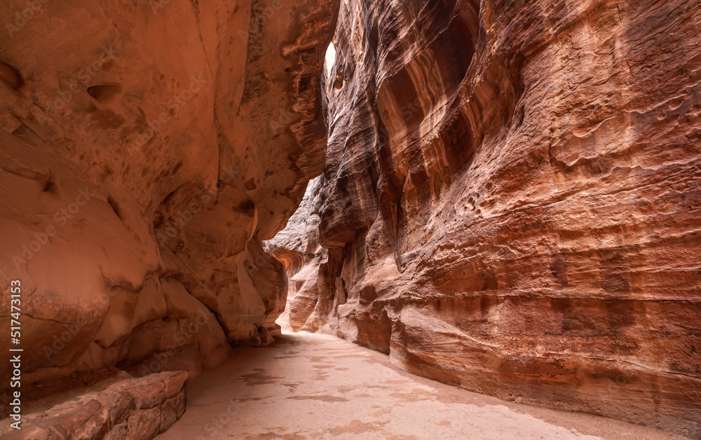 Al Siq Canyon in Petra, Jordan, pink red sandstone walls on both sides