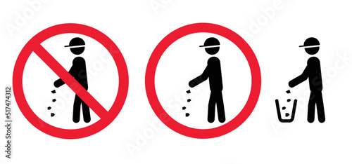 Stop, do not littering. Cartoon drawing stickman, stick figures man with litter basket or litterbin. Clean up and trashcan. Cleaning tools. Vector container logo or pictogram. 