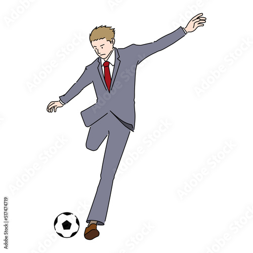 サッカーをするビジネスマンのイラスト（白背景・ベクター・切り抜き）
