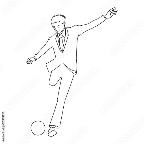 サッカーをするビジネスマンのイラスト（白背景・線画・ベクター・切り抜き）