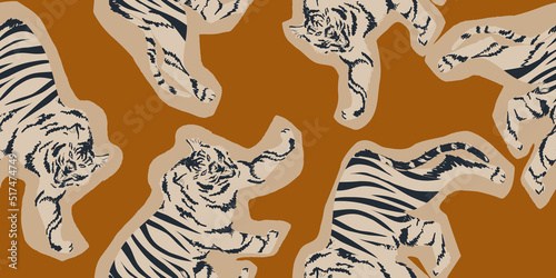 Hand drawn abstract pattern with tigers. Collage contemporary print. Fashionable template for design.