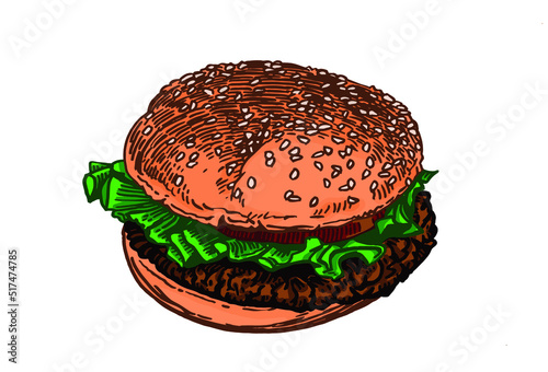 Graphical delicious hamburger with cutlet and 
lettuce , vector fast food element for design, color illustration 